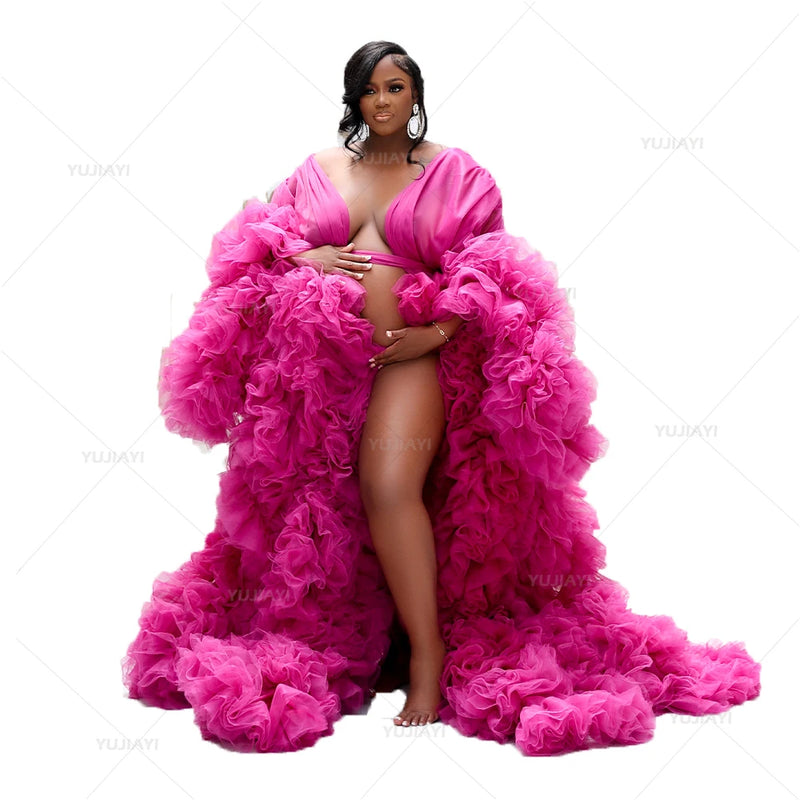 Luxury Maternity Dresses Puffy Tulle Long Women Robe Wedding Bridal Sleepwear Nightwear Front Split BabyShower Gown Photoshoot