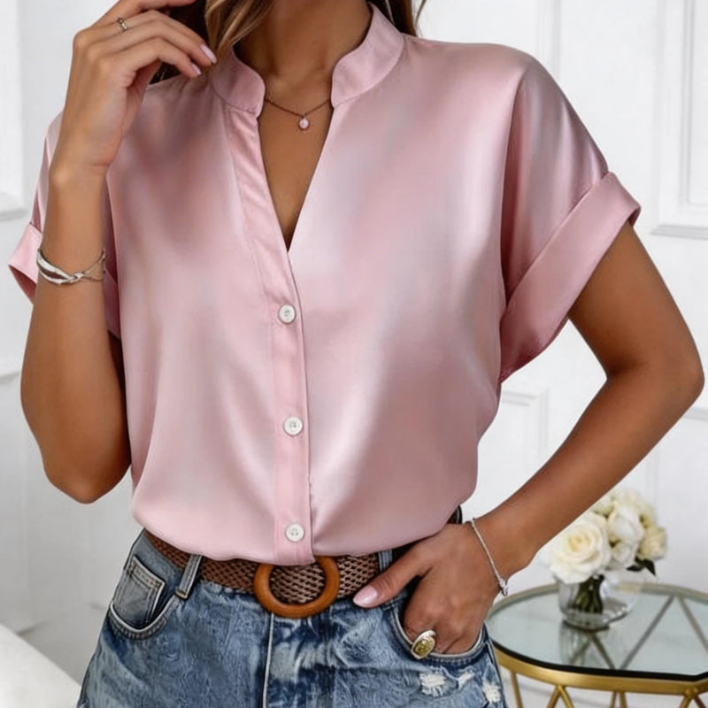 European Style Simple V-Neck Blouse for Women - Summer Short-Sleeved Loose-Fitting Slimming Professional Business Shirt