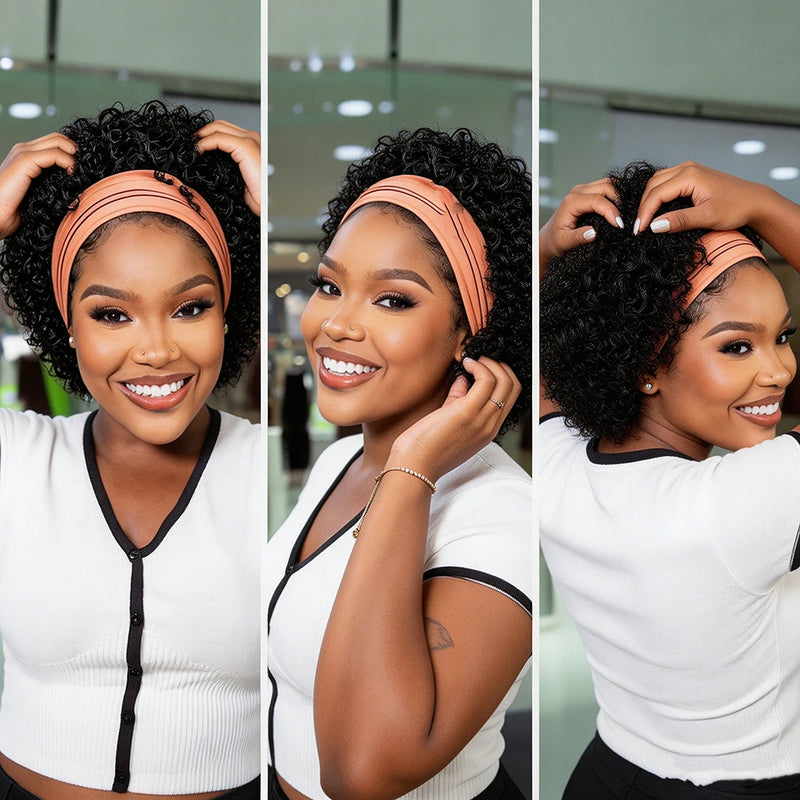 Short Headband Wig Pixie Cut Wigs Human Hair for Women Curly Wigs Bazilian Remy Hair Machine Made Cap Water Wave Wig Daily Wear