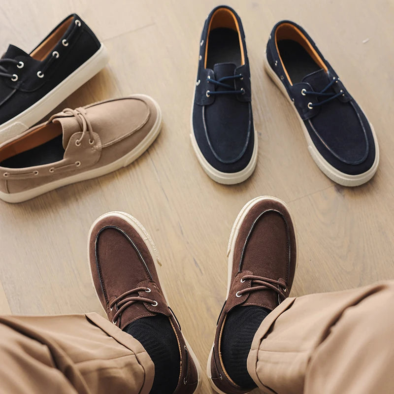 Men's Casual Loafers Shoes Fashion Thick Sole Suede Leather Boat Shoes Non-Slip Breathable Comfortable Slip-On Sneakers for Men