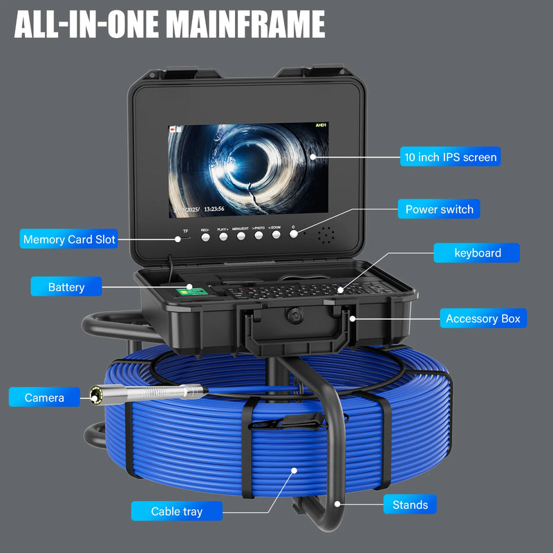 10.1" IPS Sewer Pipe Inspection Camera With Keyboard Meter Counter DVR 7mm Self-Leveling 512hz Locator AHD 1080P Sewer Endoscope