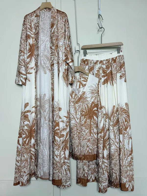 Design retro positioning printed long cardigan+vest three piece set for spring women's clothing+loose pants skirt fashion set