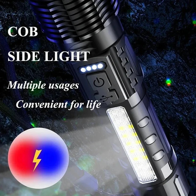 Powerful XHP50 LED Flashlight 18650 Torch Waterproof with Side Light 7 Modes USB Rechargeable Zoom Lamp for Camping Fishing