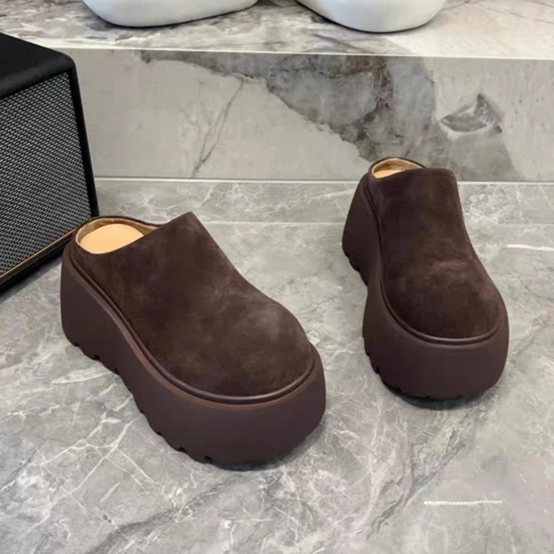 Women's Suede Platform Mules Round Toe Thick Chunky Sole Cotton Lined Warm Clogs Backless Slides Casual Height Increasing Shoes