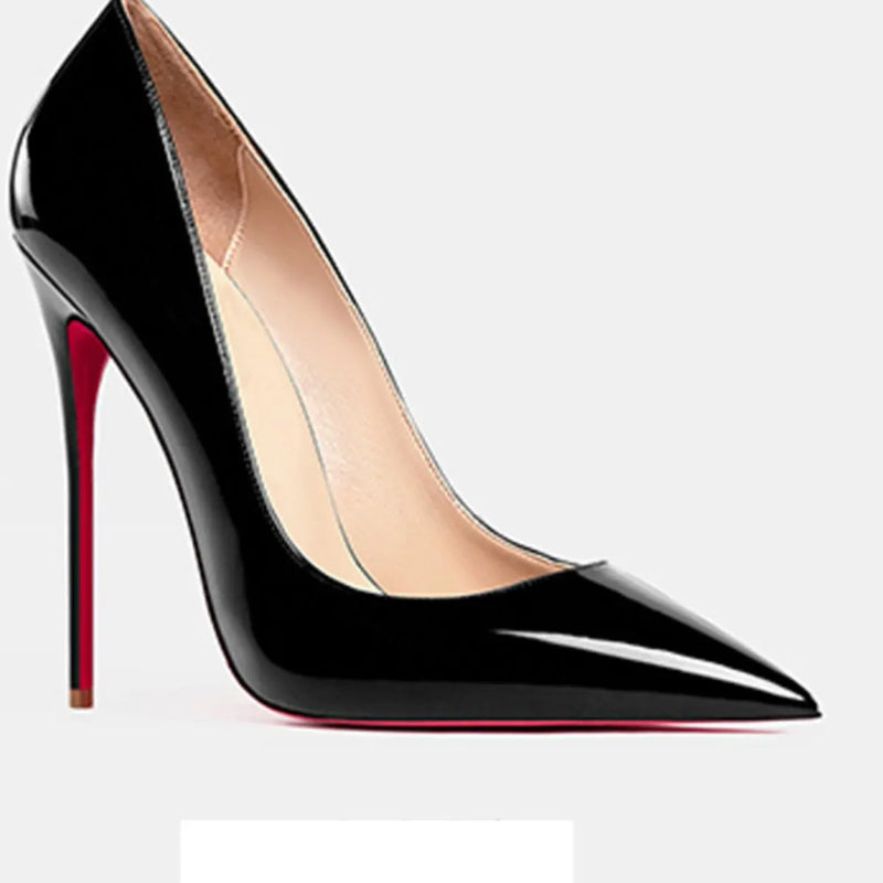 2025 European and American slim and sexy high heels, pointed shallow mouth black patent leather temperament work shoes