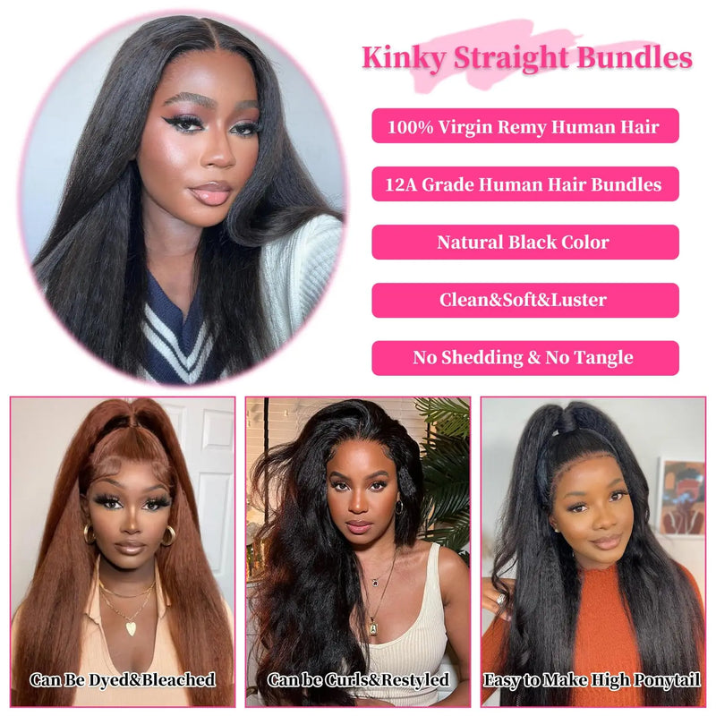 100% Human Hair Indian 12A Kinky Straight 1/3/4 Bundles Raw Virgin Unprocessed Yaki Straight Double Weft Bulk Braiding Hair