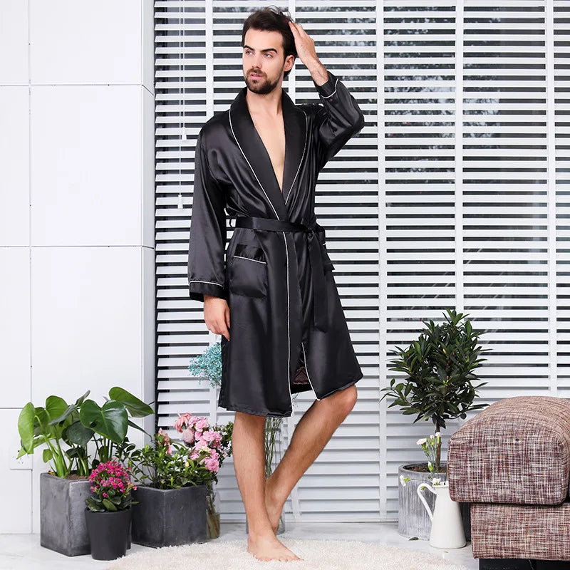 Men Summer Satin Bathrobe Shorts Robe Suit Thin Ice Silk Pajamas 5XL Plus Size Bathrobe Kimono Sleepwear Soft Bath Gown Male