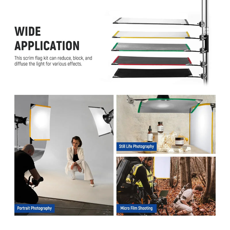 NEEWER Foldable Scrim Flag Kit, 5 In 1 Photography Flag Panel Lighting Reflector Diffuser Light Modifier Shaper For Soft