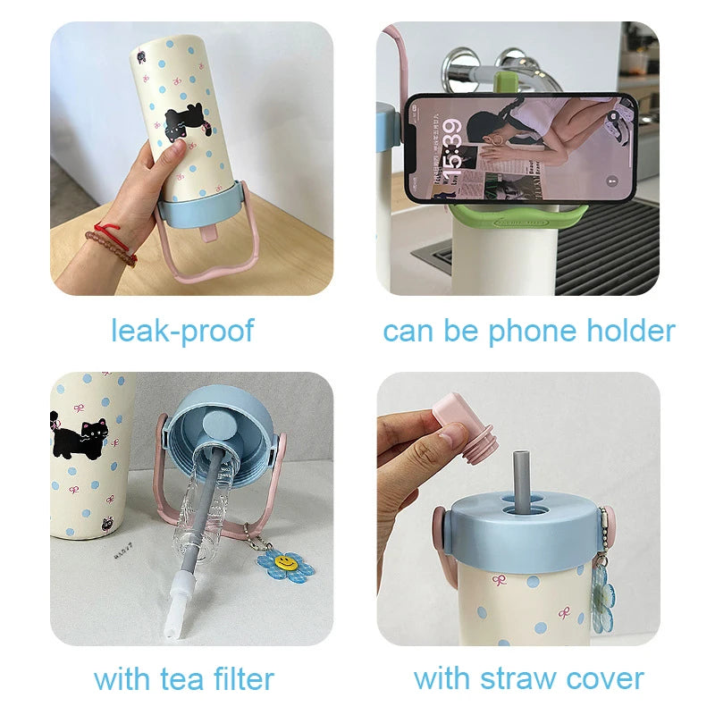 Cute Cat Thermos Mug 600ml Coffee Tea Tumbler Stainless Steel 316 Portable Thermal Water Bottle With Straw Tea Infuser Handle