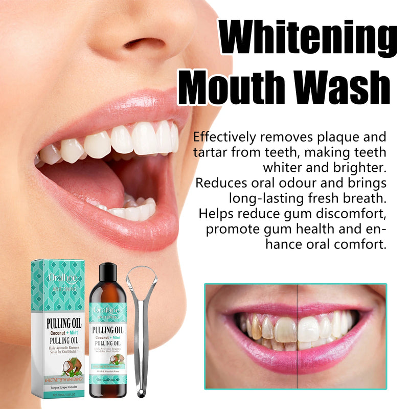 Coconut Mint Pulling Oil Mouthwash Kit With Tongue Scraper Fresh Oral Breath Odor Removal Alcohol-Free Whiten Tool Mouth Care