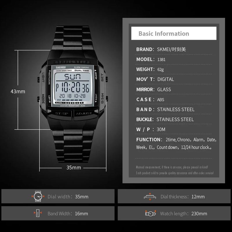 1381 Luxury Electronic Mens Wristwatches Waterproof LED Display Digital Watch for Military Sports 1328 - Visuel 5 | SAMAG