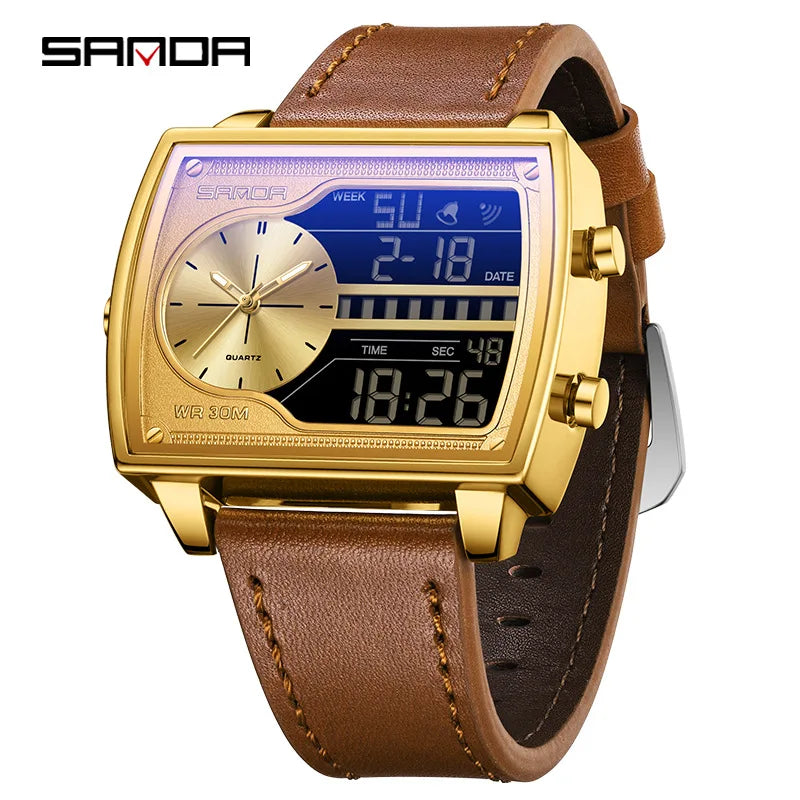 Sanda Men's Watch Fashionable Multifunctional Luminous Waterproof，Three Time Zones, Alarm Clock, Dual Display Electronic Watch