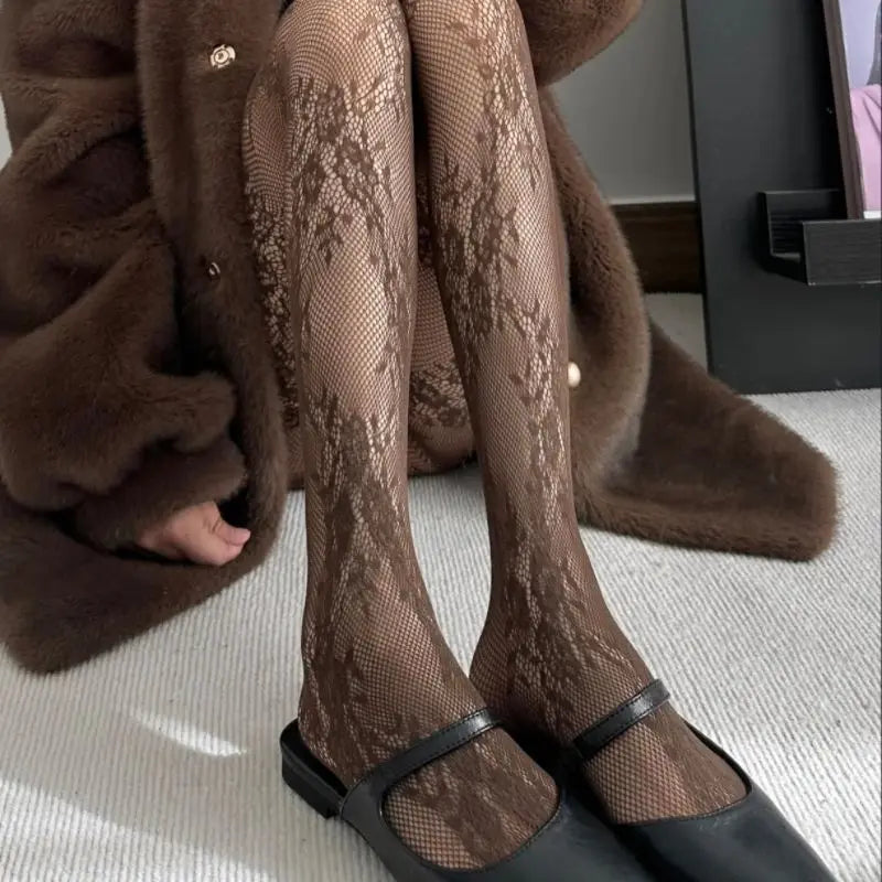 Lolita Sweet Girls Punk Style Floral Tights Colorful Thigh High Stockings Lingerie Women Sexy Hollow Out Mesh Fishnet Pantyhose