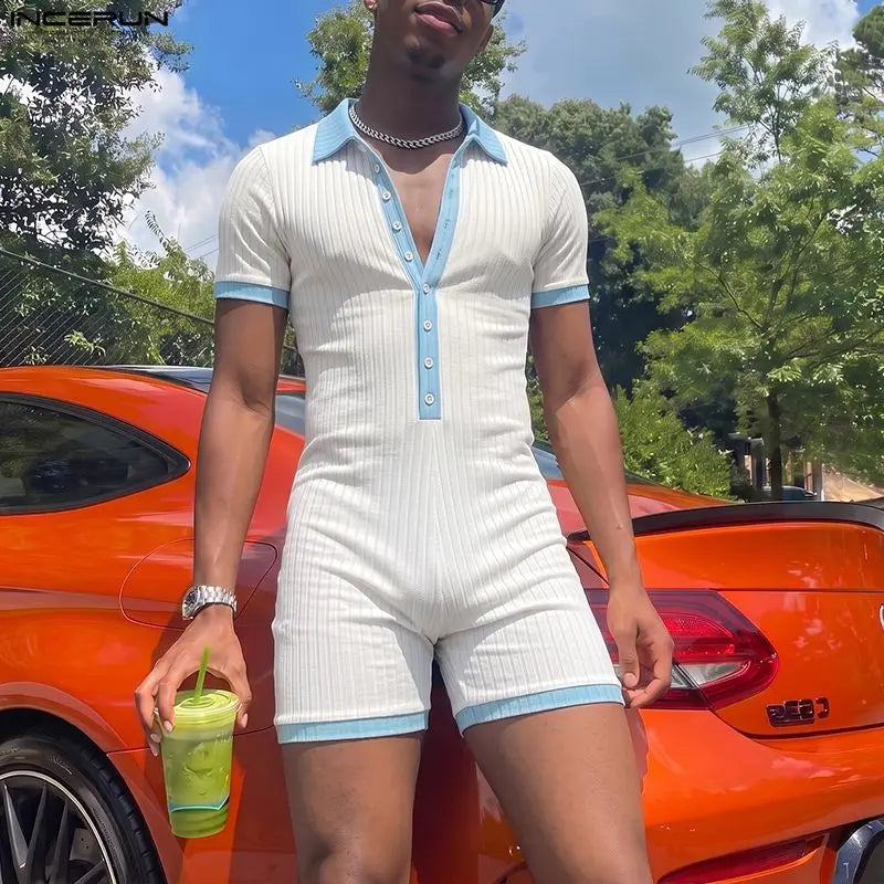 INCERUN Men's Bodysuits Patchwork Lapel Short Sleeve Button Male Rompers Playsuits Knitted Summer 2026 Casual Bodysuit For Man