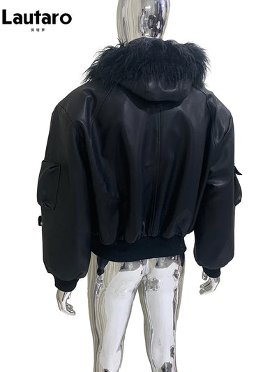 Mauroicardi Autumn Winter Short Oversized Black Warm Pu | SAMAG