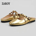 ZAROY Luxury Gold Women Mules Square Toe PU Leather Summer Slip On Baotou Slippers Beach Flat Sandals Cozy Mules Slides Shoes