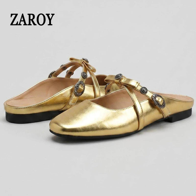 ZAROY Luxury Gold Women Mules Square Toe PU Leather Summer Slip On Baotou Slippers Beach Flat Sandals Cozy Mules Slides Shoes