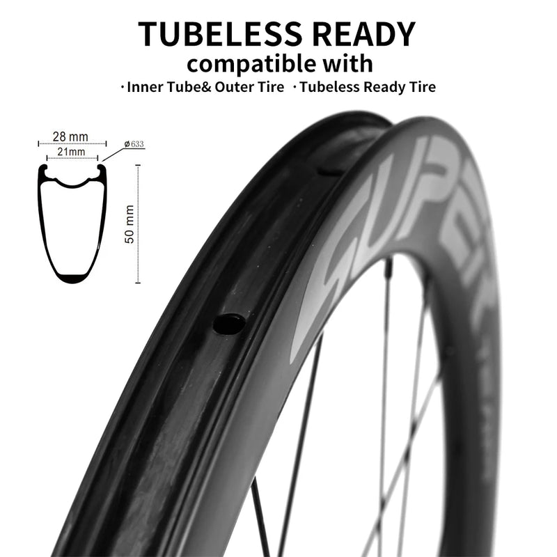 SUPERTEAM 700C Disc Brake Carbon Wheelset UCI Quality Carbon Rim Tubeless/Clincher Road Bike Wheels HG/XDR