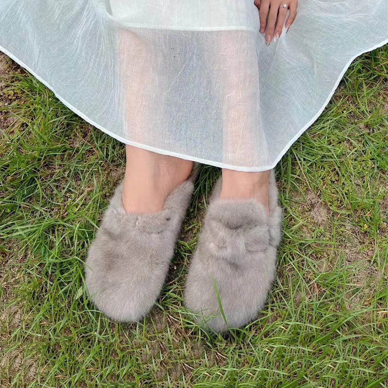 Women's Mules and Clogs Fuzzy Mink Fur Slippers with Arch Support Outdoor Women Shoe Closed Toe Nonslip Comwarm Clog Shoes Woman