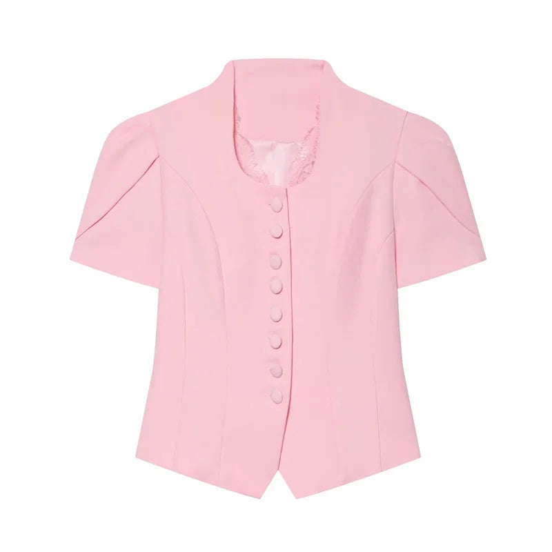 Women V Neck Puff Sleeve Cropped Blouse Button Slim - View 12 | SAMAG