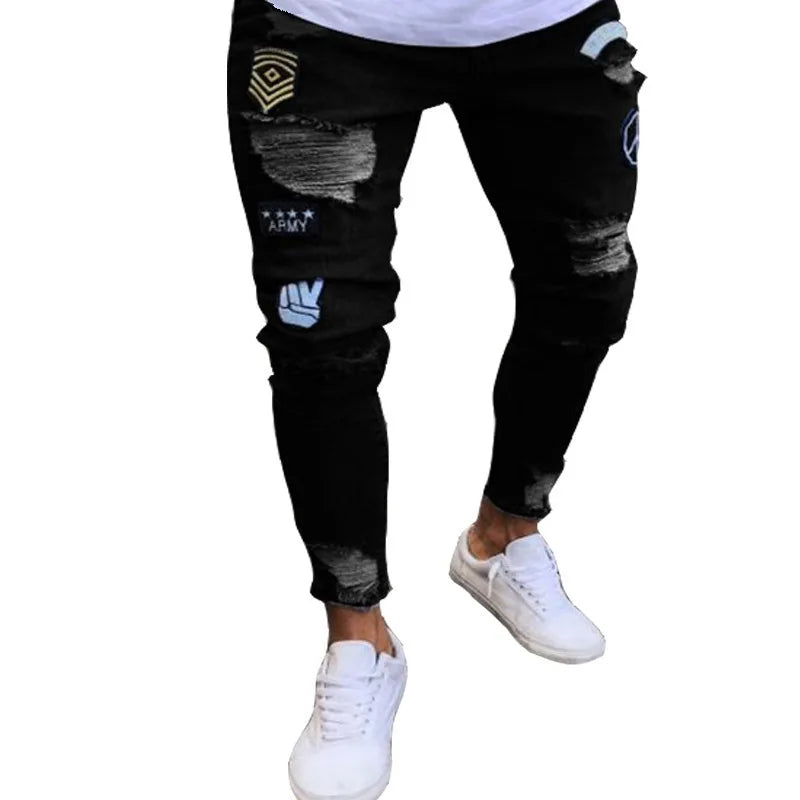 New White Embroidery Jeans Men Cotton Stretchy Ripped | SAMAG