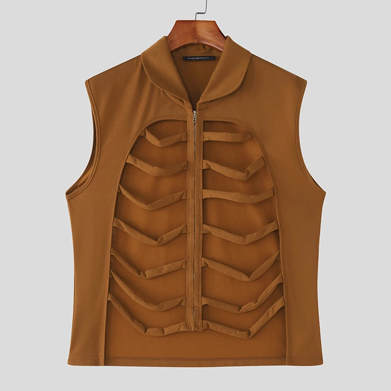 INCERUN Men Vests Solid Color Lapel Sleeveless Hollow Out Male Waistcoats Summer Streetwear Zipper Fashion Casual Vests S-3XL
