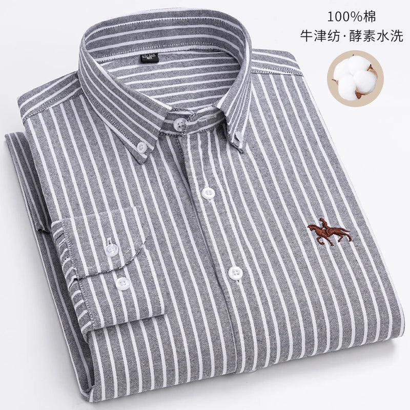 S~6XL Cotton Oxford Shirt For Men's Long Sleeve Plaid | SAMAG