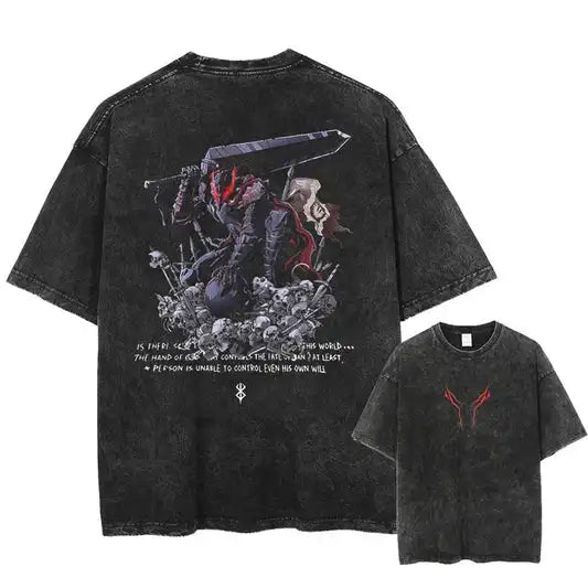 Japanese Anime Berserk Retro Washed T-shirt Men and Women New Summer Harajuku Clothing Casual Round Neck Short Sleeved Top