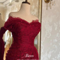 Aileen Burgundy Lace Off Shoulder Evening Dress Short | SAMAG