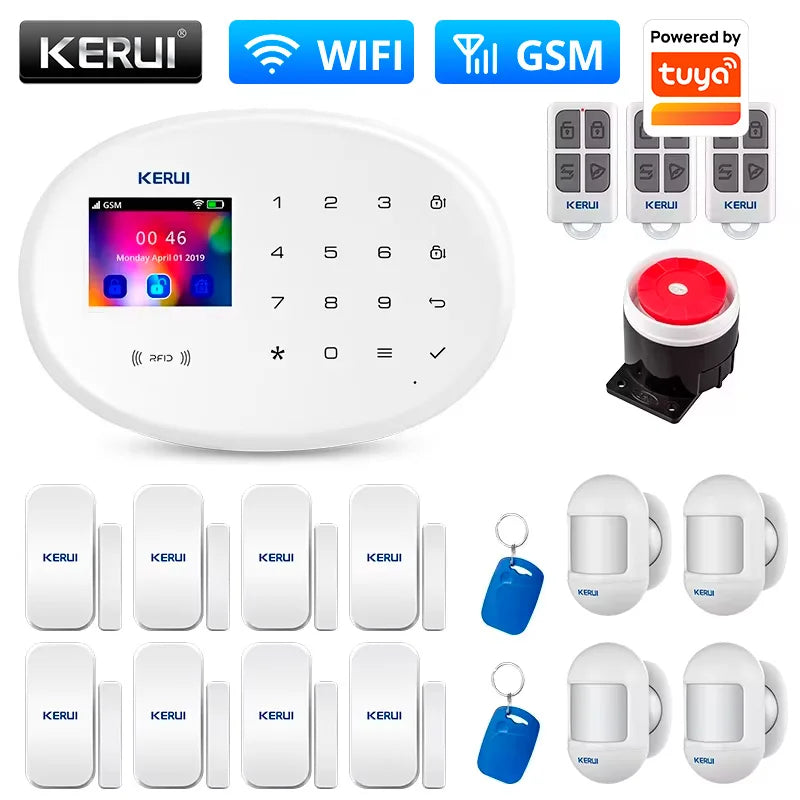 KERUI Home Security Protection WIFI GSM Alarm System Kit Works with Tuya Support Alexa with Door Opening Sensor Motion Detector