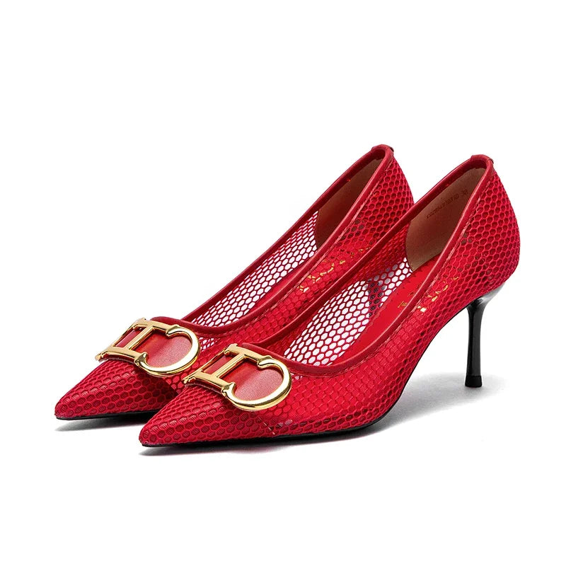 C-H High Heels Red 2026 Spring New Hollow Business Women's Shoes 7cm Red Evening Shoes net