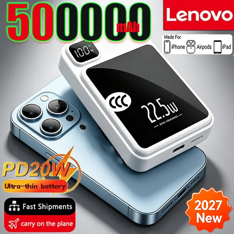 Lenovo 500000mAh Magnetic Wireless Power Bank Portable Fast Charger For Magsafe Auxiliary Battery For Xiaomi Huawei iphone