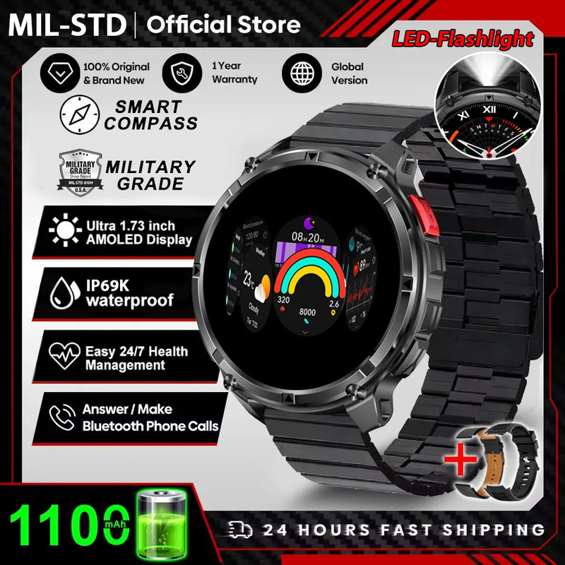 2026 New 1100mah AMOLED Smart Watch Men 170+Sport Fitness LED Flashlight IP69 Waterproof Bluetooth call GPS track Smartwatch iOS