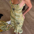 Weird Puss See Through Women 2 Piece Set Y2K Ruffles Patchwork Camisole+Tierred Skirts Matching Vacation Sexy Midnight Clubwear