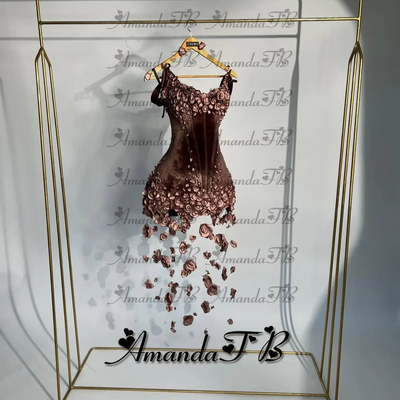 Amanda Fashionable 3D Flowers Cocktail Homecoming Dress Scoop Neck Velvet Special Occasion Gown Robes De Soiree Customized