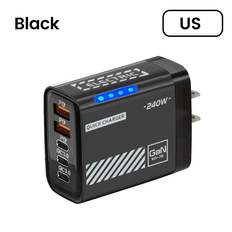 240W 5 in 1 GaN Desktop Charger Fast Charging Adapter 10A USB To TypeC Cable 3PD 2 USB Charger For IPhone Samsung Laptop