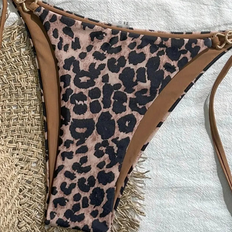 2025 New Arrival European and American Leopard Print Halter Bikini Set for Women, Sexy Swimsuit