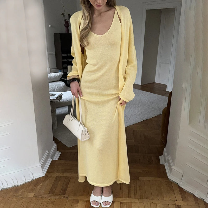Tuularose Women Long Dress 2 Piece Solid Knitted Spaghetti Strap Dress Long Sleeve Cardigan Set Casual Fashion Female Dress Set