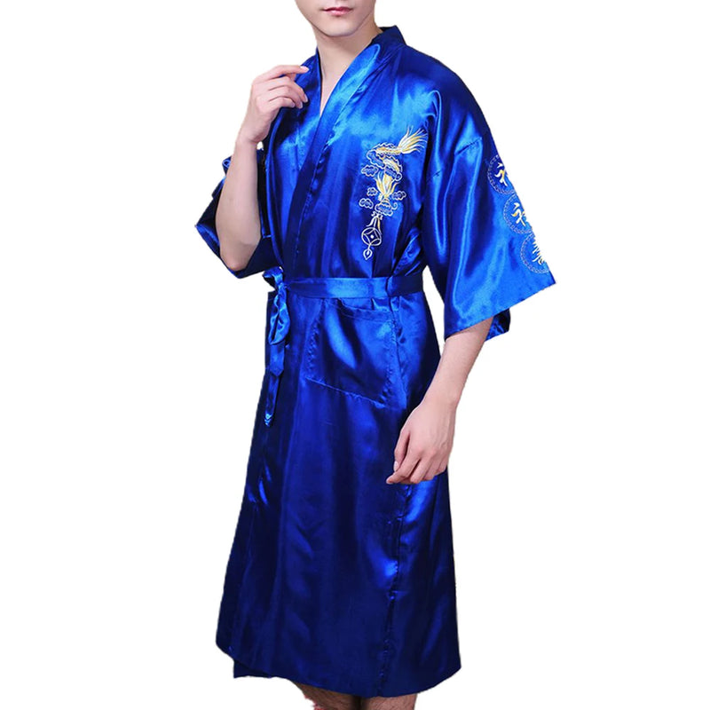 Sexy Men Satin Silky Chinese Dragon Kimono Bathrobe Pajamas Sleepwear Gown Bath Robes Man Fashion Nightgown