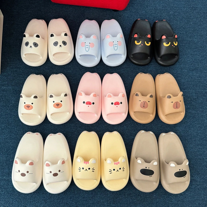 Women Thick Soft-Soled Slippers Platform Cute Animals Design Summer Indoor Non-Slip Bathroom Couples Comfortable Casual Home New