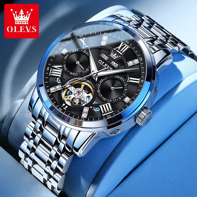 OLEVS 6701 Man Watch Fashion Top Brand Stainless Steel Hollow Skeleton Flywheel Automatic Mechanical Waterproof Watch for Men