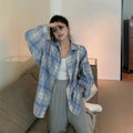 Lazy BF style shirt jacket for spring 2024 new retro plaid loose lantern long sleeved outerwear versatile top women's fashion