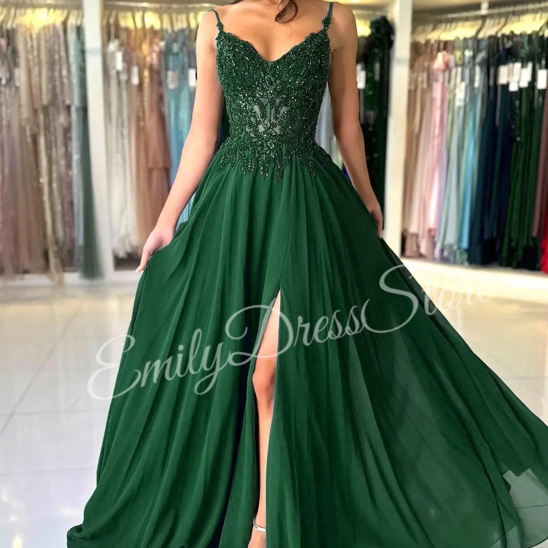 Green Chiffon Evening Dress Women Elegant Applique | SAMAG