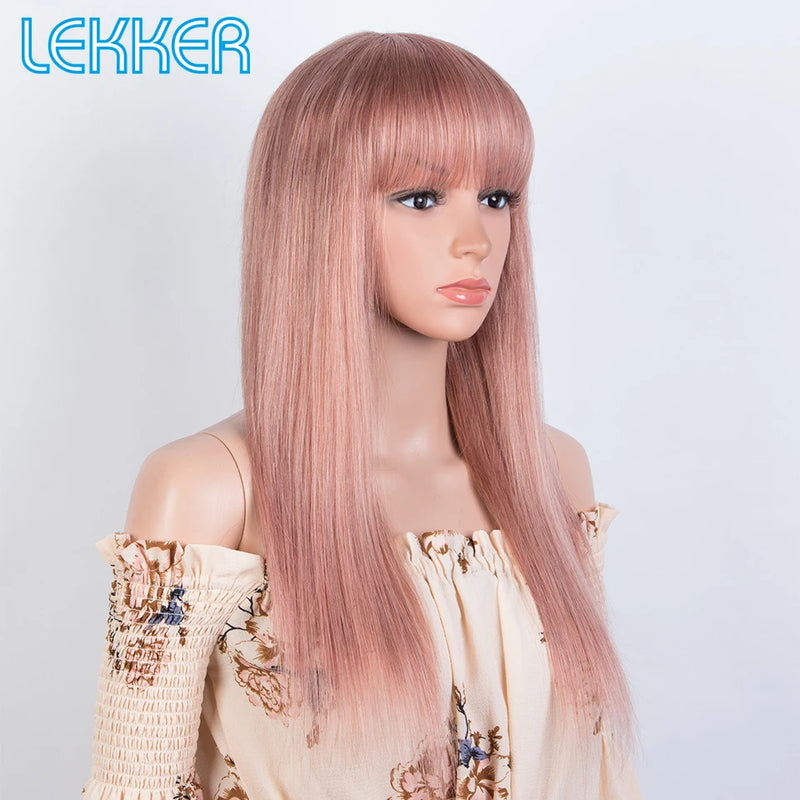 Lekker Rose Pink Bone Straight 100% Human Hair Wigs With Bangs For Women Brazilian Remy Hair Glueless Colored Long Wigs