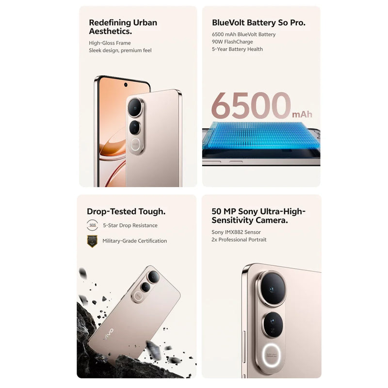 Dual SIM Unlocked Smartphone VIVO V50 Lite 5G 6.77" 120Hz Display 12GB+512GB 50MP Cam 6500mAh Long Lasting Battery Type-C