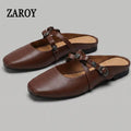 ZAROY Luxury Gold Women Mules Square Toe PU Leather Summer Slip On Baotou Slippers Beach Flat Sandals Cozy Mules Slides Shoes