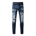 Men Holes Patchwork Denim Jeans Streetwear Dark Blue | SAMAG