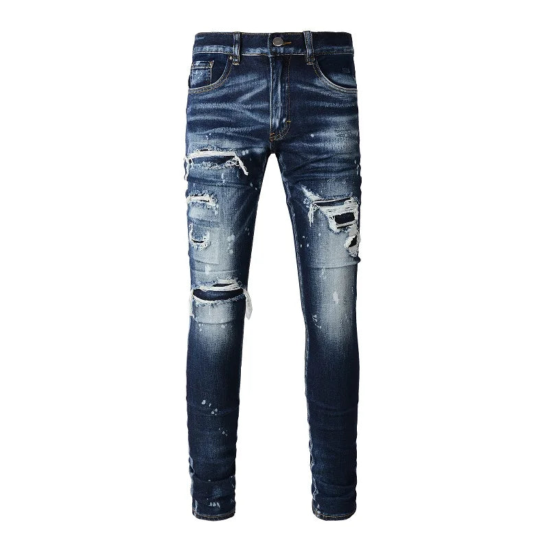 Men Holes Patchwork Denim Jeans Streetwear Dark Blue | SAMAG
