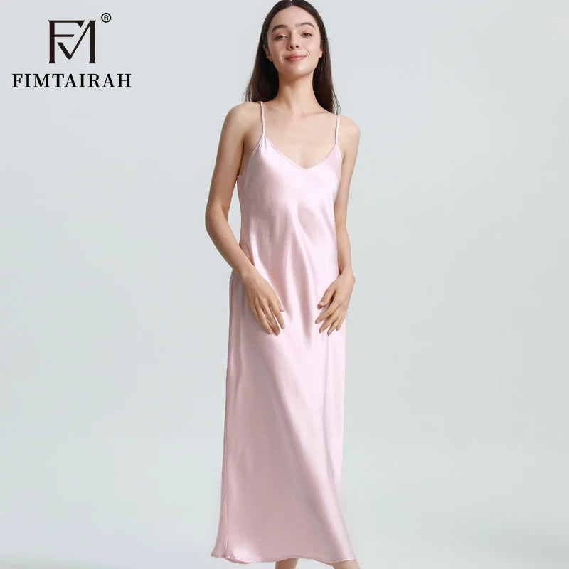 FIMTAIRAH Brand 6A 19mm New 100% Silk Nightgown Women Sexy Elegant Summer Silk NightDRESS long home wear Pajamas