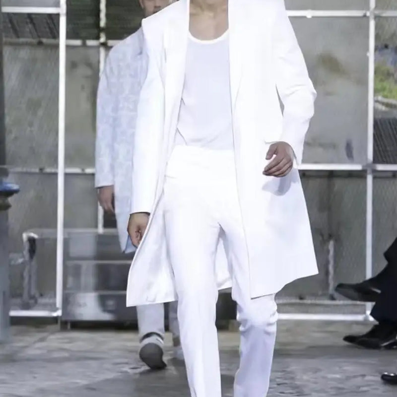 2025 New Summer Long Jacket Wedding Suits for Men White Trousers Groom Tuxedos Classic Lapel Man Blazer 2 Pieces Coat Pants Prom